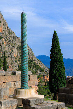 serpent column replica in ancient delphi archaeological site greece history concept