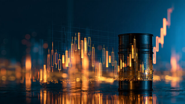 Financial candlestick chart and oil barrel on blue background