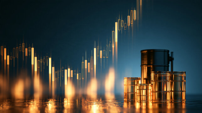 crude oil barrels and rising stock chart background