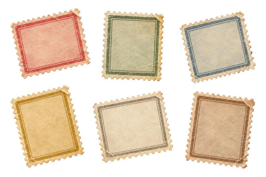 Set of blank vintage postage stamps with perforated edges in muted colors, isolated on transparent background
