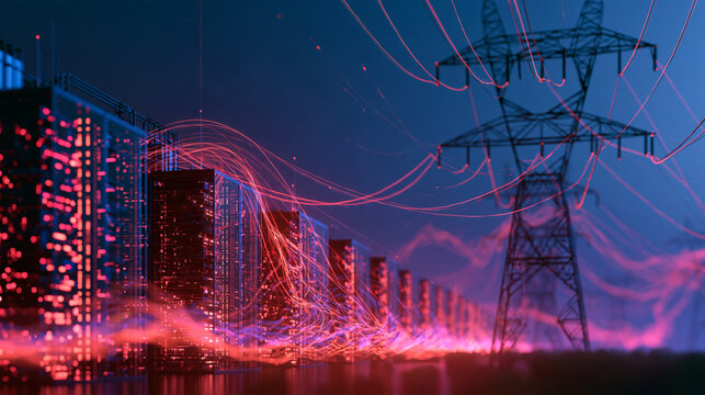 data center servers and high voltage transmission tower with flowing light effects