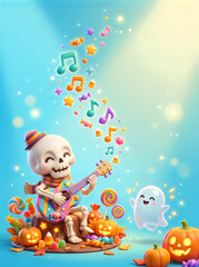 Fototapeta premium Cute skeleton playing guitar with floating musical notes and candy