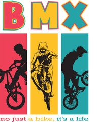 Fototapeta premium BMX bike riders illustration with colorful panels and typography quote