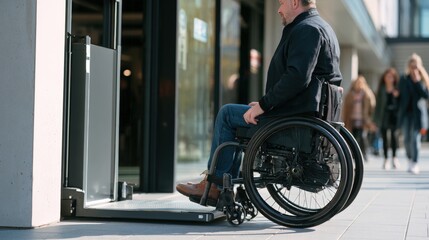 Obraz premium Man in wheelchair using a lift to access a building entrance, with pedestrians walking in the background on a sunny day, showcasing accessibility features in an urban environment