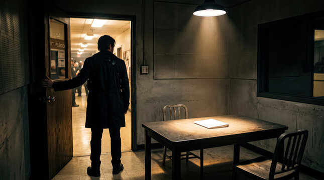 Interrogation room detective standing near empty wooden table under overhead lighting in police station photo investigation dark chair doorway man coat law crime suspense mystery shadow light interior