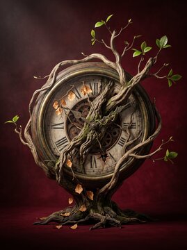 Gnarled Tree Roots Growing Through Antique Clock Face