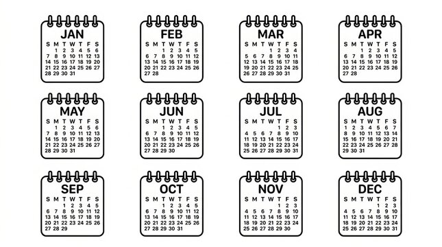 Monthly Calendar Grid with Month Names and Days.