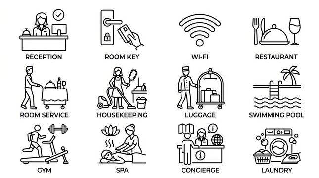 Modern Hotel Services Icon Set for Business and Marketing.