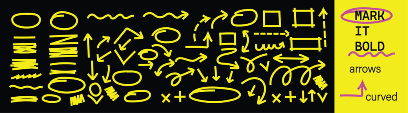 Yellow marker highlighters. Set of arrows, ovals and underlines. Text highlighter pen, yellow marker, bold underlines and strokes. Emphasis shape for text design and hand drawn notes. text underline.