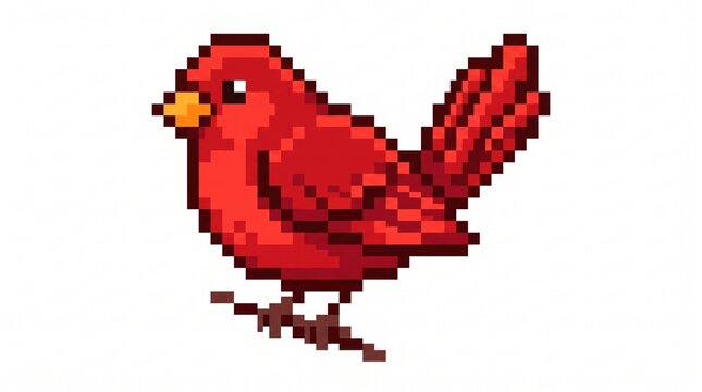 Red bird in pixel art style perched on a branch