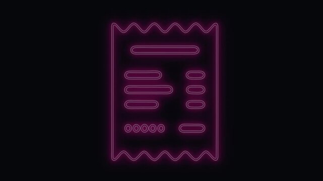 Pink neon receipt icon glowing softly on a dark textured background, displaying financial data lines and digital accounting symbols in vibrant magenta.
