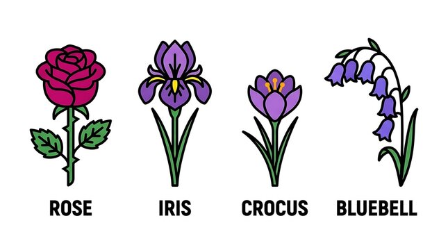 Vibrant set of four different flower icons including rose iris crocus and bluebell designed in a simple outlined flat style perfect for botanical illustrations and spring themes