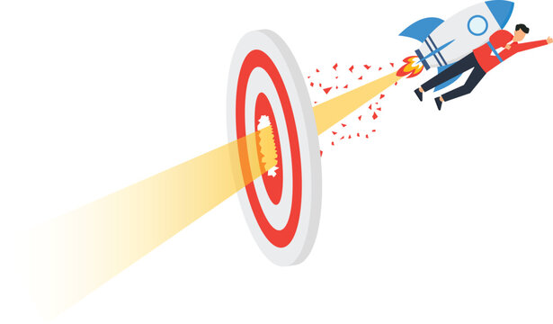 A businessman flying with a rocket crashes through the center of a target board, representing business success, goal achievement and career growth in an isometric vector illustration.