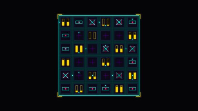 Retro pixel art game interface, glowing neon arcade grid with geometric symbols, digital 8-bit user interface animation for gaming content