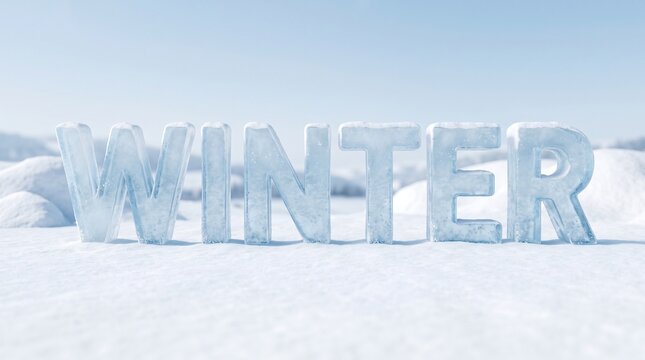 Ice letters spelling the word winter standing on a snowy landscape under a clear blue sky