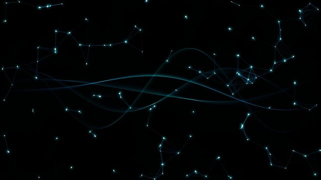 Abstract blue particles with flowing light waves against dark background in cinematic motion