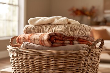 Wicker basket with folded woolen sweaters and warm blankets in a cozy living room interior