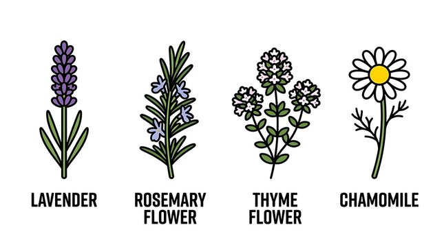 Vector illustration set of popular aromatic herbs and flowers such as lavender rosemary thyme and chamomile depicted in a minimalist line art style for natural health and beauty designs