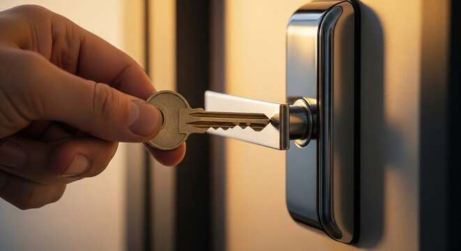 Close up of a hand inserting a metal key into a modern door lock for security and access