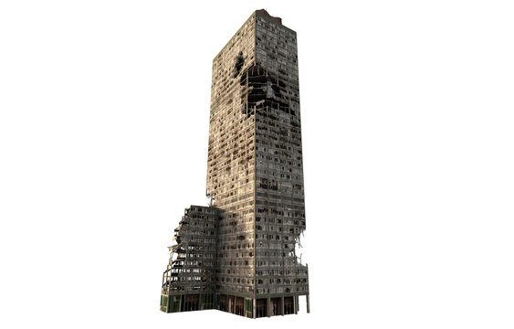 3D render of a destroyed Manhattan skyscraper on a transparent background. Isolated post-apocalyptic ruined building with exposed structures and damage, perfect for compositing and sci-fi art.