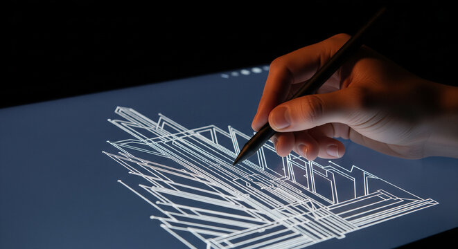Architect drawing digital building design on a glowing tablet screen with stylus pen