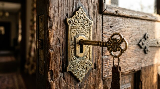 Close-up of an ornate antique brass door lock with an old key in a rustic wooden door