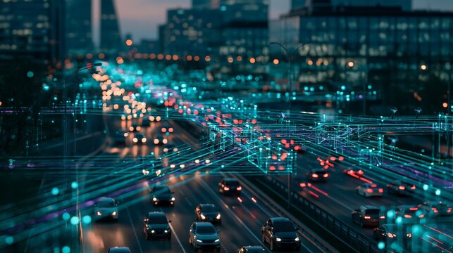 Cyberpunk night highway traffic with glowing data lines and digital networks over urban landscape