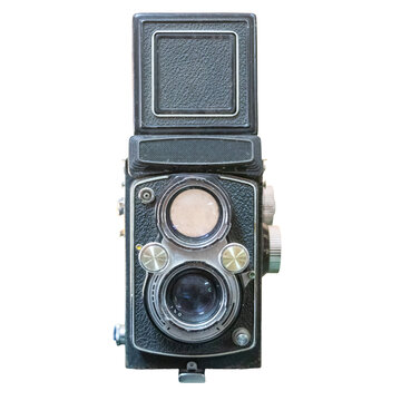 Vintage twin lens reflex film camera with open waist-level viewfinder hood.