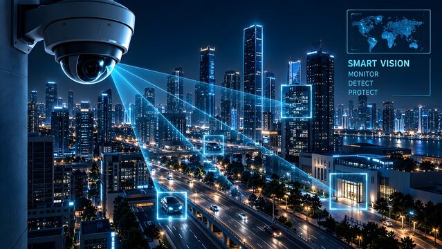 Smart city surveillance camera system monitoring urban traffic and buildings with advanced artificial intelligence tracking