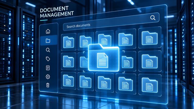 Digital document management system interface displaying file organization folders against a data center server background