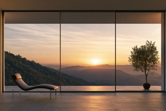 Luxuri&ouml;se minimalistische Terrasse mit Blick auf ferne Berge