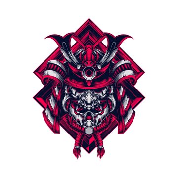 Stylized red and black samurai warrior mask illustration with intricate geometric patterns and sharp detailed armor elements
