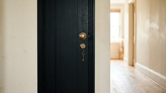 Vintage brass skeleton key hanging in a modern black door lock