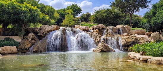 Fototapeta premium Beautiful cascading waterfall flowing into a serene pond surrounded by lush green trees and natural rocks under a blue sky