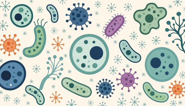 Flat illustration of various colorful microbes, bacteria, and viruses on a cream background in a retro style.