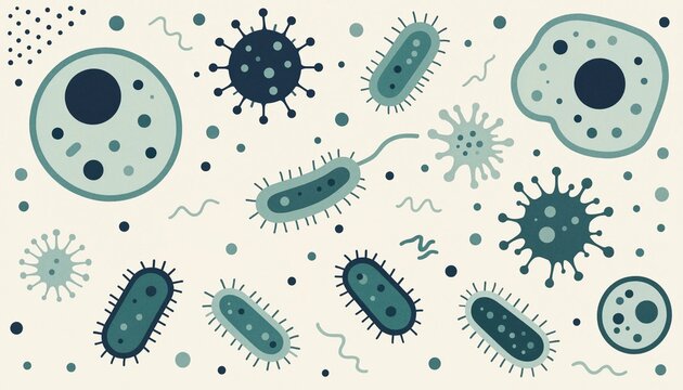 Abstract illustration of various microorganisms, bacteria, and viruses in teal and dark blue on a beige background.