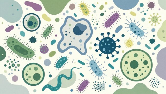Abstract flat illustration of diverse microbes, amoebas, and bacteria scattered on a light background.