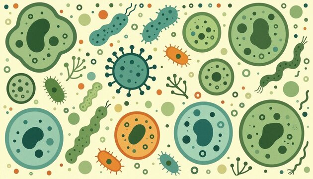 Green and orange flat vector illustration of diverse microorganisms, pathogens, and cellular structures.