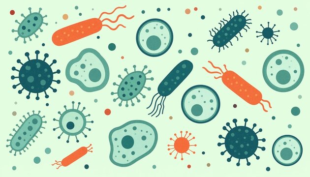 Abstract illustration of various microorganisms, bacteria, and viruses in teal and orange on a light green background.