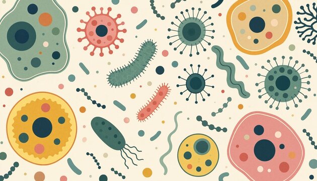 Abstract flat illustration of microscopic bacteria, viruses, and cells in pink, teal, and yellow hues.