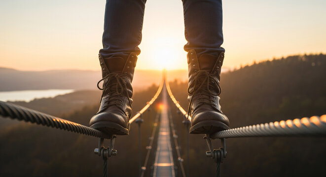 Person standing on high suspension bridge cables at sunset