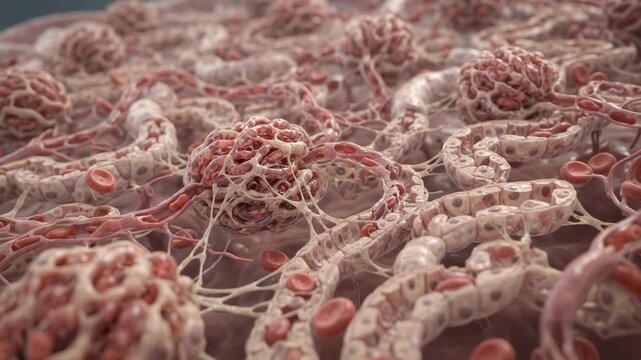 Microscopic view of kidney glomerulus and tubules with red blood cells, science animation