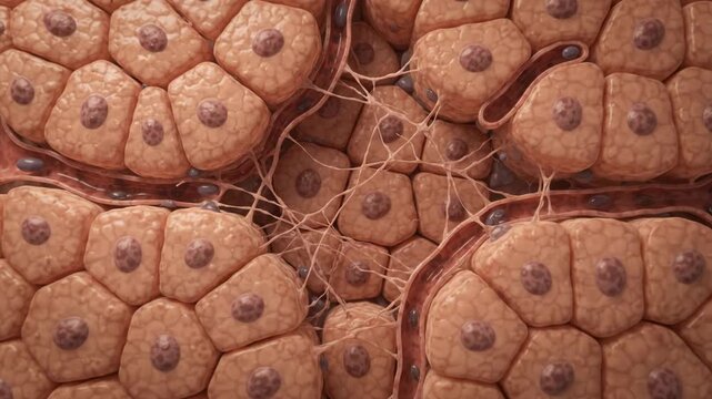 Microscopic view of healthy liver tissue with hepatocytes and blood vessels, medical science