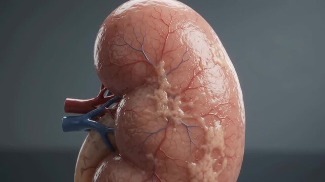 Detailed anatomical view of a human kidney with visible blood vessels, rendered in a realistic style.
