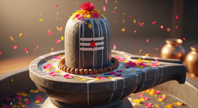 Shiva Lingam decorated with flowers and milk during Hindu worship ritual for Maha Shivratri
