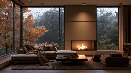 Obraz premium Cozy living room with fireplace and rainy autumn forest view
