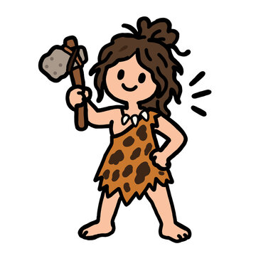 Cute Hand Drawn Cavewoman with Stone Axe Doodle Illustration