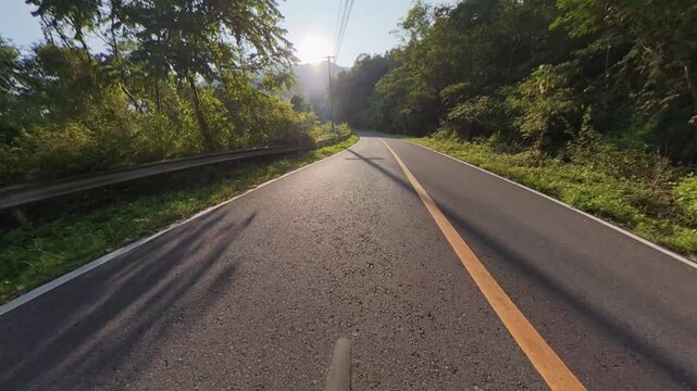 POV cycling footage on a smooth mountain road through dense forest, with warm sunlight, long tree shadows, a guardrail and scenic natural surroundings.