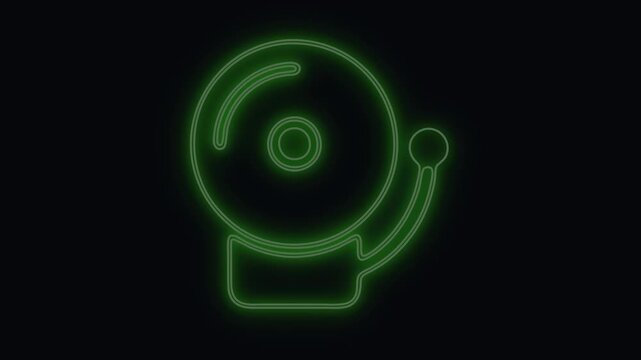 Alarm bell icon glowing with a bright green neon light against a dark background, indicating notification alerts and fire safety warnings.
