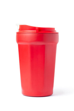 Red insulated tumbler with lid isolated on white background